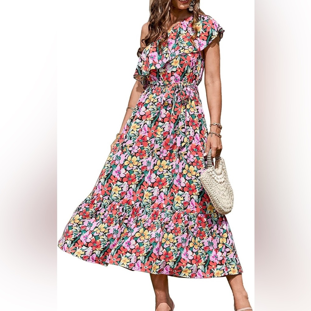 Silky floral one shoulder summer dress